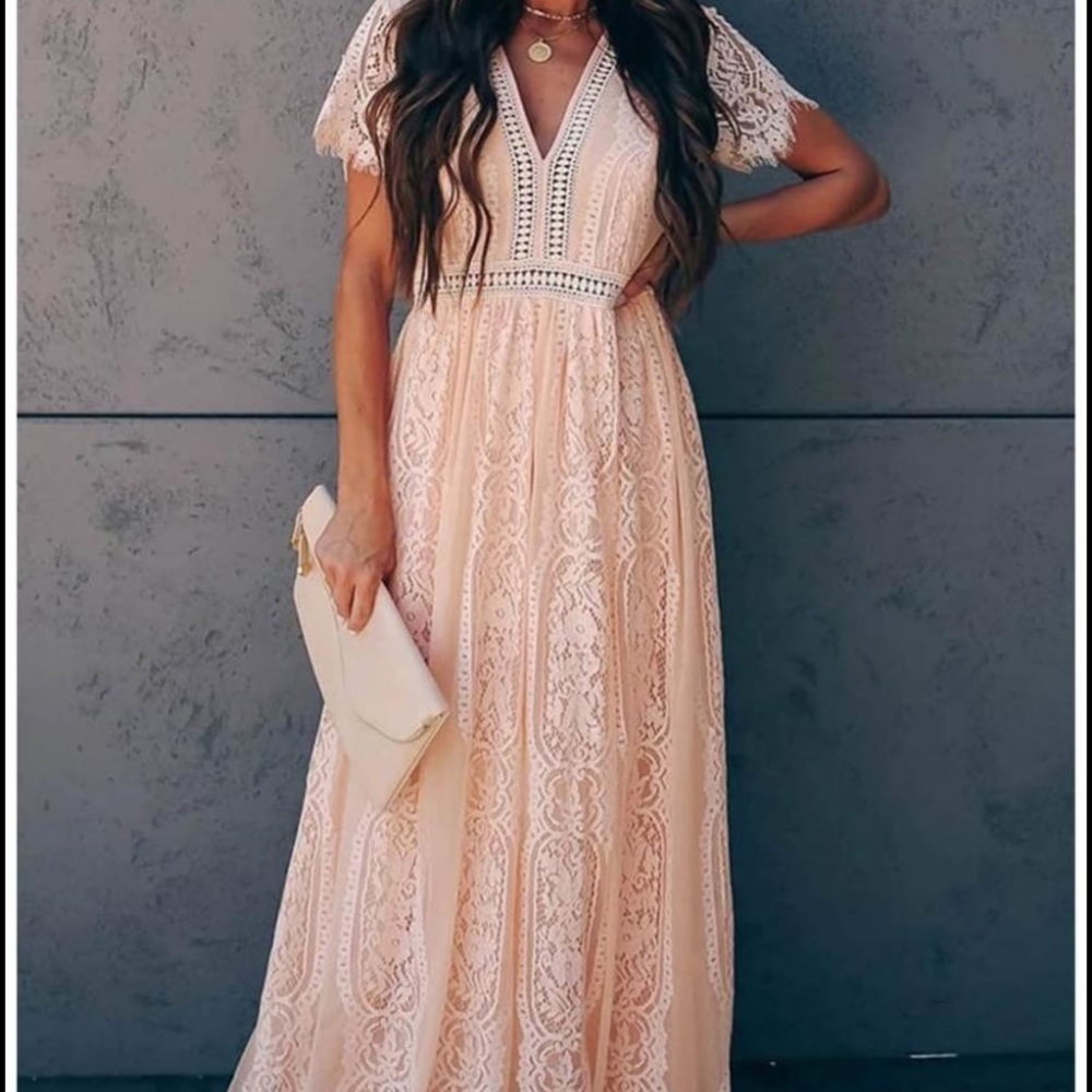 Peach Lace Long Maxi Dress